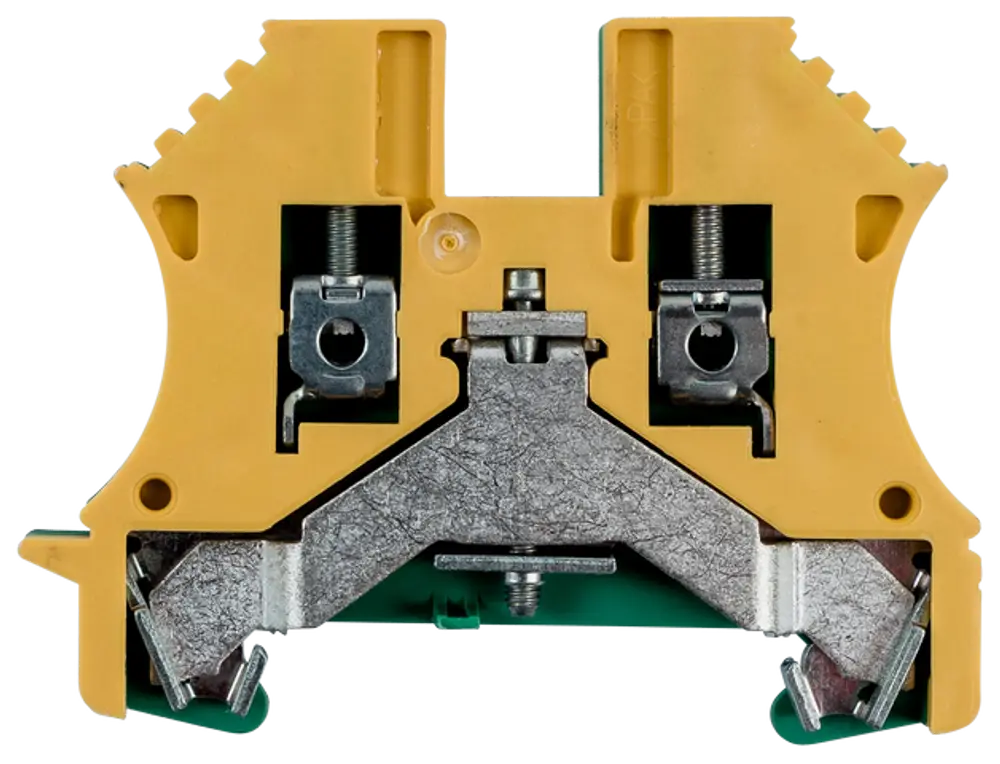 Reihenklemme aus gelbem Kunststoff mit metallischen Anschlüssen. Produkt von Wolf, geeignet für elektrische Verbindungen in Schaltschränken.